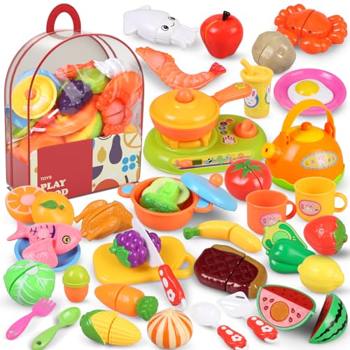 kramow Spielküche zubehör Set, Kinderküche Zubehör, 66-teiliges Küchenzubehör und Schneidespielzeug, Lebensmittel Spielzeug Geschenk für Mädchen Jungen ab 3 Jahre, Kaufladen Zubehör und Rollenspiele