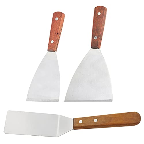 Mousyee Grillspachtel Edelstahl, Grillspachtel Edelstahl Holzgriff Teppanyaki-Spatel mit Holzgriff Grillspatel aus Edelstahl Kochwender und Schaber Flachspatel für Grillküche, 3 Stücke