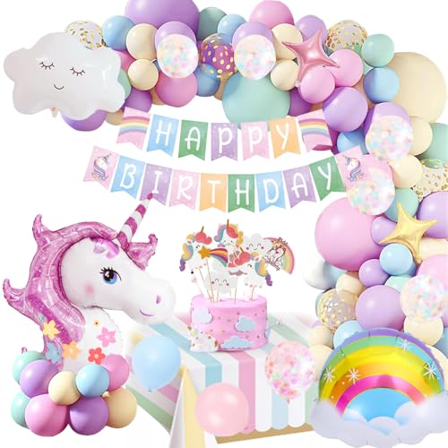 Geburtstagsdeko Mädchen Einhorn Deko Kinder, Kindergeburtstag Deko Rosa Luftballons Geburtstag mit 3D Einhorn Ballon, Happy Birthday Girlanden, Kuchen Topper Einhorn für Mädchen Freundin Tochter