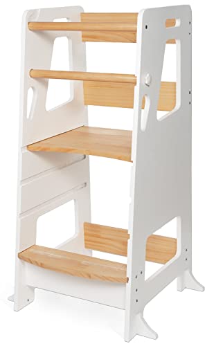 BEY & CO® Lernturm/Entdeckerturm aus Holz – Küchenhelfer für Kinder – 3-Fach höhenverstellbar, mit Rutschfester Oberfläche und kippsicheren Füßen - Montessori-Methode - Ab 12 Monaten