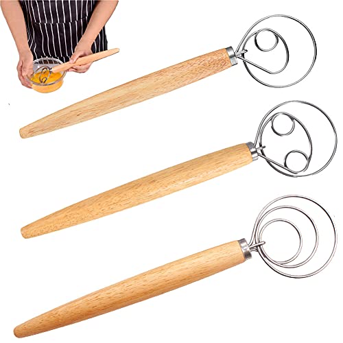 Dänischer Schneebesen, 3 Stück Professioneller Teig Schneebesen, Brotteig Schneebesen, Eierschläger, Holzgriff Mixer, Backwerkzeug mit Holzgriff, für Backen Brot Gebäck Dessert Pizzateig, 13 Zoll