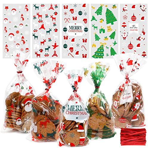 120 Stück Cellophantüten, Weihnachten Süßigkeiten Tüten, Kekse Goody Taschen mit 120 Stück Twist Krawatten, Tütchen Zum Befüllen, Zellophantüten Klein für Plätzchen Kekse Pralinen (5 Stilen)