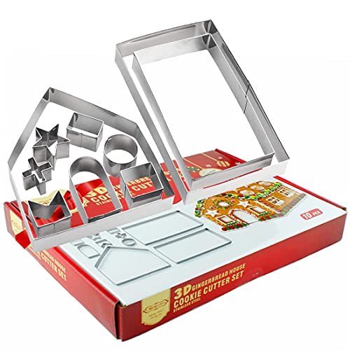 Ausstechformen Weihnachten Lebkuchenhaus, Lebkuchenhaus Ausstecher Set, 3D Lebkuchenhaus Haus Form, Weihnachten Lebkuchenhaus Ausstechformen Set aus Edelstahl (Set 10 Stück)