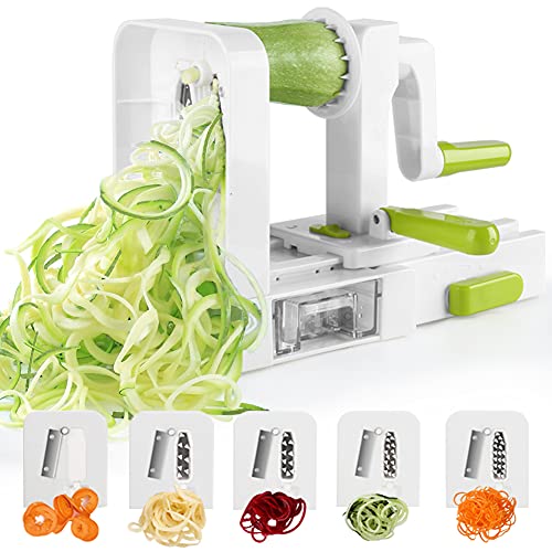 Sedhoom Direct Spiralschneider mit 5 Klingen Faltbare Gemüse Spaghetti Gemüseschneider Für Gurke Kartoffel Zucchini Noodle Mit Saugnapf