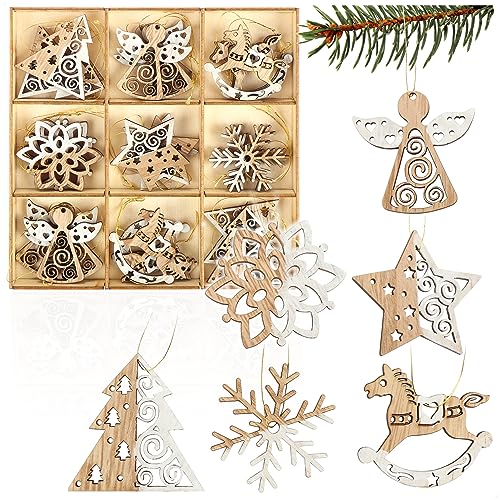 com-four® 27-teiliges Tannenbaumschmuck Holz-Anhänger Set - Weihnachtsbaumschmuck zum Dekorieren für den Weihnachtsbaum - Christbaumschmuck (X-Mas 1-27 Stück)