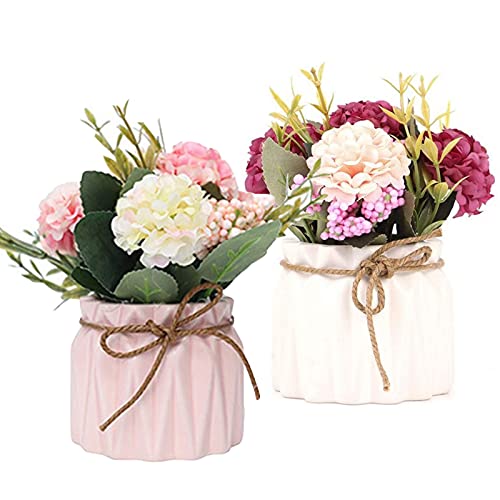 Lostwry 2PCS Künstliche Blumen im Topf Kunstblumen Pflanzen zur Dekoration Hortensien Seidenblumen Blumensträuße mit Keramikvase Kunstpflanze deko für Home Party Büro Hochzeit Tischdekoration