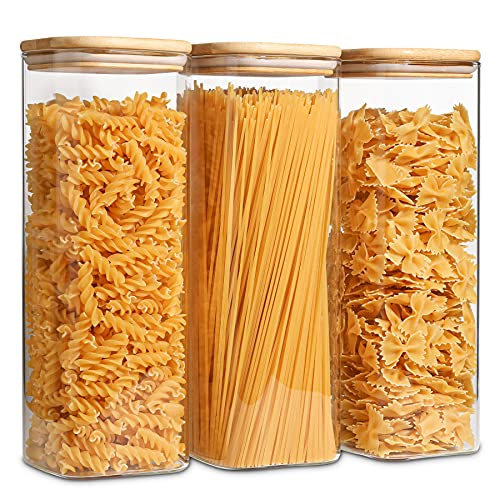 ComSaf Vorratsdosen aus Glas, für Spaghetti-Pasta, mit Deckel, 2,1L, 3 Stück, hohe, transparente, luftdichte Vorratsdose mit Bambus-Deckel für Nudeln, Mehl, Müsli, Zucker, Bohnen