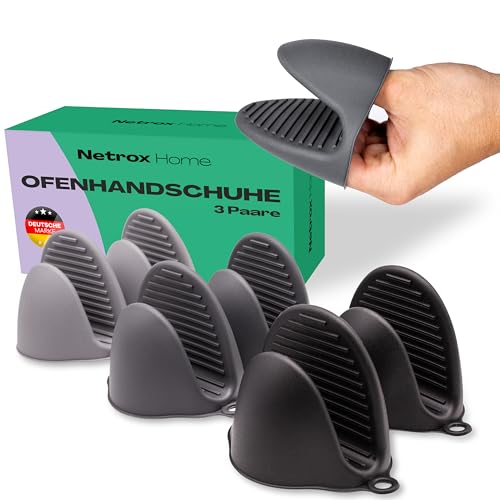 NetroxHome® | 3 Paar Mini Ofenhandschuhe Silikon | hitzebeständig bis 230°C & spülmaschinenfest | Topfhandschuhe zum Kochen, Backen & Grillen | kleine Kochhandschuhe in Einheitsgröße