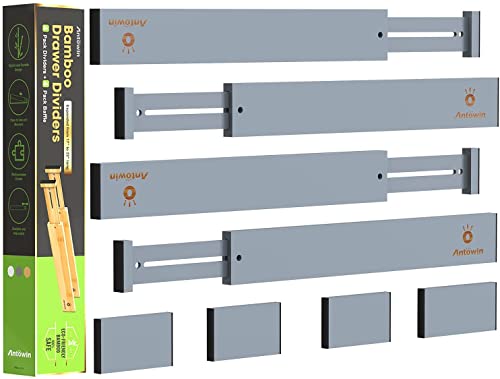 ANTOWIN Schubladentrenner Verstellbar Bambus (43-56 cm), Schubladen Organizer, Gefedert, Küche, Kommode, Badezimmer, Schlafzimmer, Babyschublade, Schreibtisch Ordnungssystem (grau)