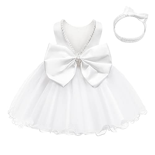 LZH Baby Girls rüschen Spitze Backless mit Headwear, Bowknot Blume Kleider Pageant Party Hochzeit Weiß