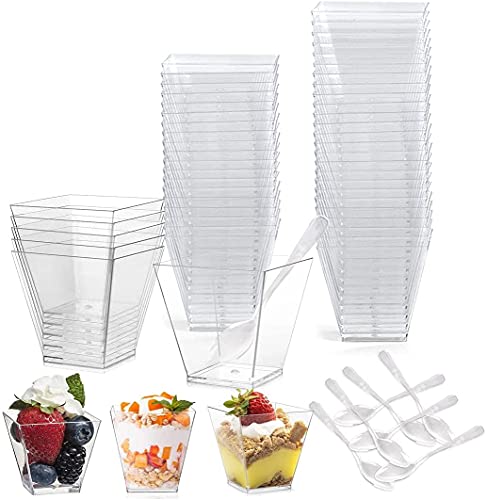 PIQIUQIU 50 Stück Desserttasse mit 50 Stück Löffeln, 2 OZ / 60ML Dessertschalen Set, Wiederverwendbar für Mousse Pudding Eiscreme Food Dessert Party Picknick, aus Kunststoff