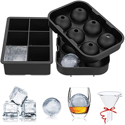 2 Stück Eiswürfelform Silikon, Eiswürfelform Groß & Eiswürfelform Rund mit Trichter, Leicht Herauszuspringen, BPA Frei Eiswürfelbehälter für Whiskey, Cocktails, Babynahrung, Saft, Schokolade, Schwarz