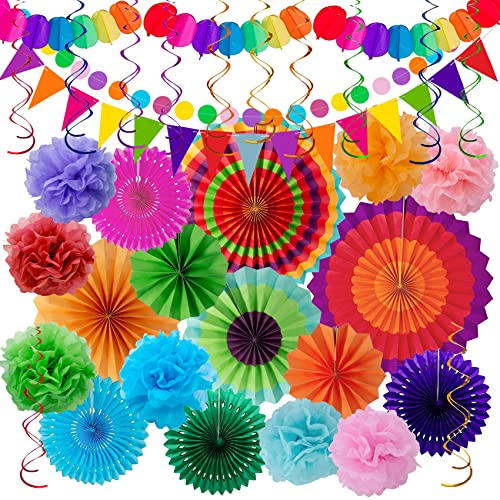 Huryfox Bunte Party Deko für Gartenpartys, Geburtstage und Karneval - 33 Stück mit hängenden Papier Lüfter, Regenbogen Pompons, Tissue Bänder und Wimpelketten Girlande für Feste, Hochzeiten & mehr
