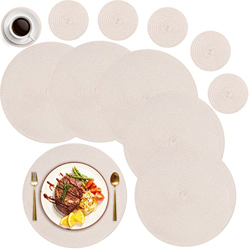 MI CASA Runde Tischsets Abwaschbar 6er Set Platzsets mit Untersetzer, 34cm Gewebte Hitzebeständige Platzdeckchen, Platzteller rutschfest für Küche Geburtstags Party Weihnachten Abendessen - Beige