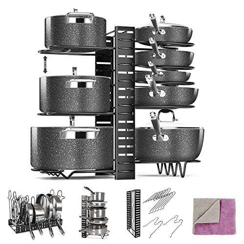Myiosus Pfannenregal-Organizer, 8 Ebenen Topf- und Pfannenregale für Schrank, Kochgeschirr, 1 Reinigungstuch
