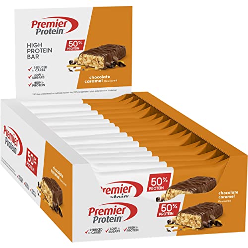 Premier Protein - High Protein Bar 50% - Chocolate Caramel - 16x40g - Low Sugar - Low Carb - palmölfrei
