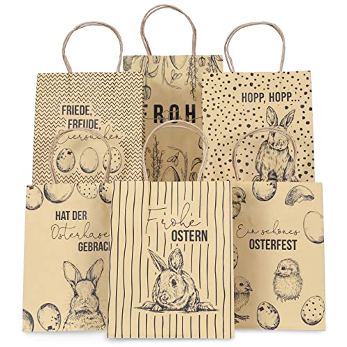 Papierdrachen 6 bedruckte Henkeltüten zu Ostern - Packpapier Schwarz - 22,5x18x8cm - 6 zusätzliche Postkarten - Geschenkverpackung - Geschenktüten zum Befüllen - Alternatives Osternest - Set 1