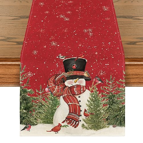 Artoid Mode Schneemann Vögel Weihnachten Tischläufer Rot, Waschbar Modern Winter Küche Esstisch Dekoration für drinnen und draußen Sankt Nikolaus Tag Urlaub Party Wohnzimmer Dekor 40 x 180 cm