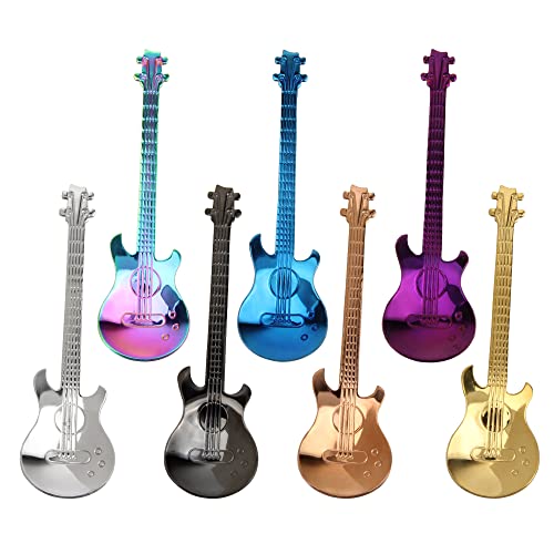 Kaffeelöffel Gitarren Löffel Set, 7 Stück Bunte Edelstahl Dessertlöffel Set Teelöffel Joghurtlöffel Kleine Zuhause Löffel für Tee Milch Kaffee