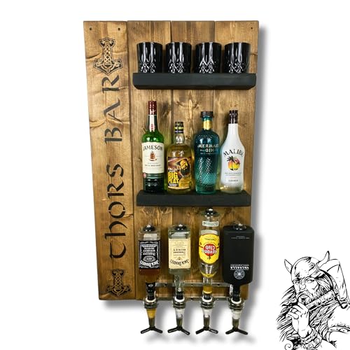Wikinger Wandbar - Holz rustikal mit Getränkspender & Flaschenhalter - Fächer für Flaschen, Bier, Met, Hörner etc. - Geschenk für Männer - Schnapsregal aus Holz, Regal für Whisky, Gin