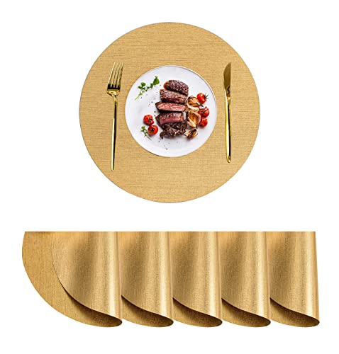 Platzset Abwaschbar 6er Set Tischset Rund Beidseitig Gold PVC Grifffeste Hitzebeständig Tischsets Abwischbar Tischuntersetzer für Küche Restaurant Hotel (Gold 38x38cm)