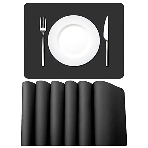 MORROLS Tischsets Abwaschbar, Platzset Leder 6er Set Abwischbar Tischsets Lederoptik Kunstleder Wasserdicht PVC Platzset, Platzdeckchen für Küche Speisetisch, 42x30cm, Schwarz