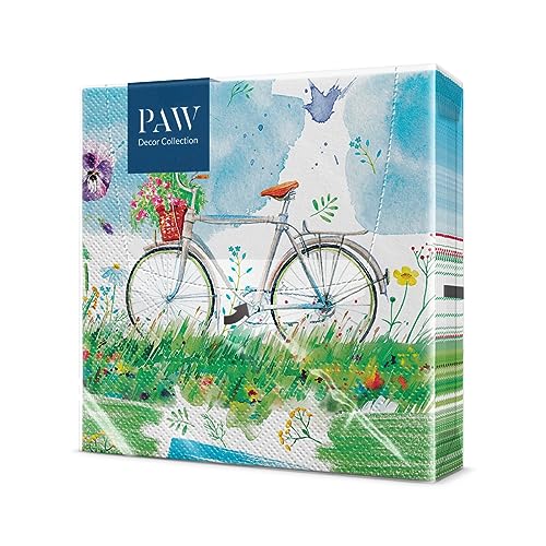 PAW - Servietten 3-lagig (33 x 33 cm) I 20 Stück I Perfekt für Geburtstage, Partys, Hochzeiten, Kommunion I Papierservietten Bunt - Blumen, Frühling, Sommer, Fahrrad I Farbe: Watercolor Bicycle