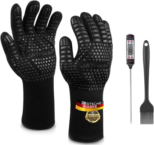 JATrade® Premium Grillhandschuhe inkl. Grillthermometer & Marinierpinsel, Back- & Ofenhandschuhe hitzebeständig bis 800°C, Kaminhandschuhe feuerfest für Grill Dutch Oven Smoker BBQ, Zubehör Geschenk