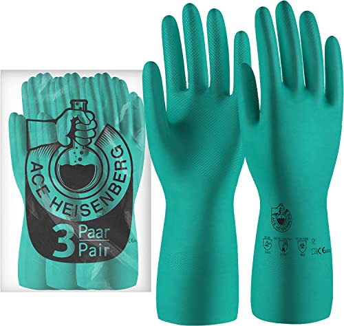 ACE Heisenberg Nitrilhandschuhe, 3 Paar, chemikalienbeständig, für Haus- und Industriearbeiten, latexfrei, wasserdicht, für Reinigung und Geschirr, EN 388/374-1/374-5, L