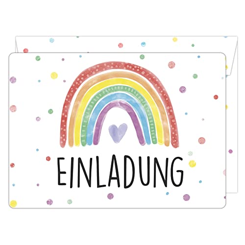 CALLUNA® 12 x Regenbogen Einladung mit passenden Versandhüllen im tollen Design –Einladung zur Regenbogen Party – Geburtstagseinladung für alle Altersgruppen – Partyeinladungen – Rainbow – Regenbogen