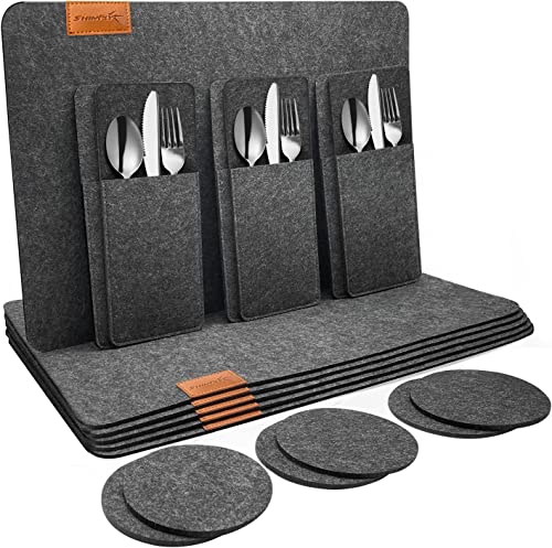 shinfly Tischsets Abwaschbar Platzsets aus Filz 18er Set, Abwischbar Tischsets, Hitzebeständig rutschfest Platzdeckchen mit Untersetzer, BestecksäCken für Küche, Speisetisch, 44x32cm【Anthrazit】