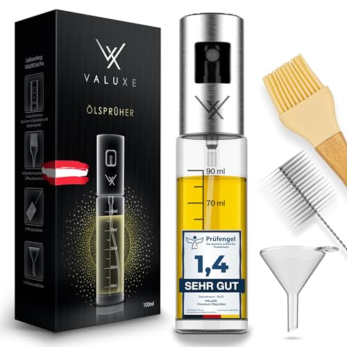 VALUXE® Ölsprüher - Das ORIGINAL - Extrem präzise Öl-Sprühflasche aus Edelstahl und Glas - Multifunktionaler Premium Öl-Spray - Coole Küchen Gadgets für Speiseöl - Oil Spray zum Kochen