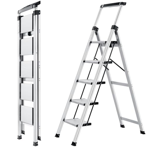 XinSunho Stufenleiter, Klappleiter 5 Stufen mit Ausziehbarem Handlauf, Aluminium Trittleiter, rutschfeste Tragbare Leiter für Haus und Büro, Belastbar bis 150 kg