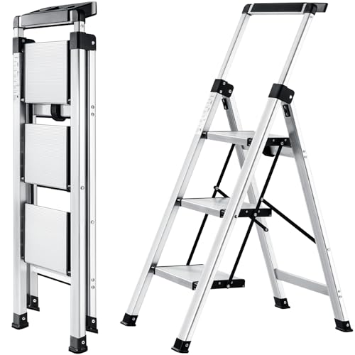 XinSunho Stufenleiter, Klapptritt 3 Stufen mit Ausziehbarem Handlauf, Aluminium Tritthocker, rutschfeste Tragbare Leiter für Haus und Büro, Belastbar bis 150 kg