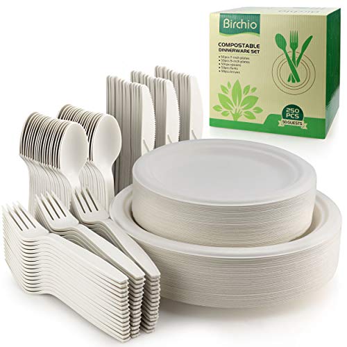 Birchio 250 Stück Einweggeschirr, Schwerlast Pappteller Und Einwegbesteck, Beinhaltet 100% Recycling Geschirr, Gabeln, Messer und Löffel, Ersatz für Plastikbesteck und Plastikteller
