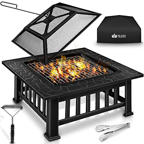 tillvex Feuerschale mit Funkenschutz & Grillrost | Feuerstelle Outdoor für den Garten | 3 in 1 BBQ Grill mit Abdeckung, Schürhaken, Zange & Kohlerost