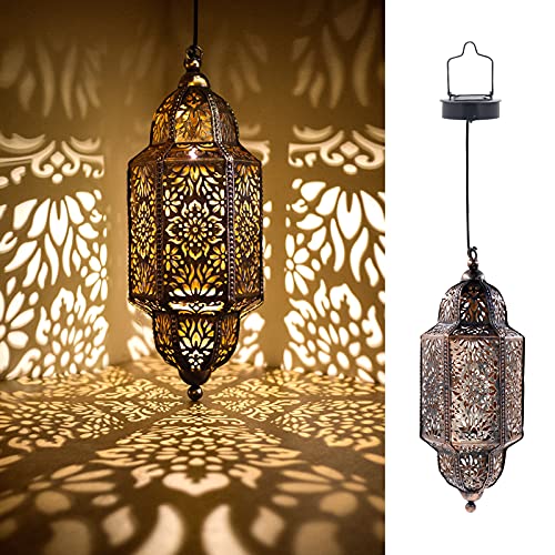 Lifeel Solarlaterne für außen, Marokkanisch Garten Laterne, Dekorative Solarlampe Hängend, Metall LED Solar Laterne für Draussen Baum Patio (Bronze)