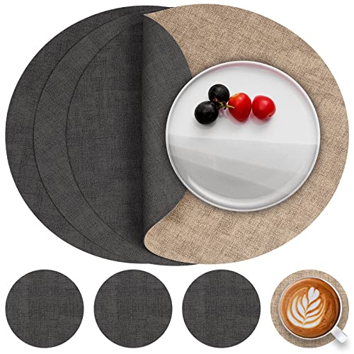 Myir JUN Tischsets Abwaschbar Leder und Untersetzer, Doppelseitigen Platzset Rund Ø 36cm 4er Set rutschfest Glasuntersetzer Platzdeckchen Kunstleder (Grau Beige)