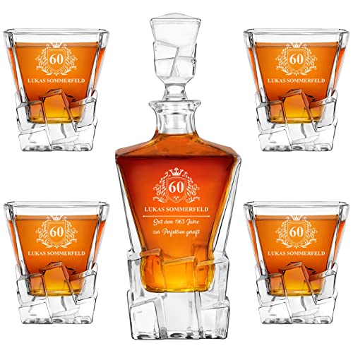 Maverton 950 ml Whiskey Karaffe + 2/4 / 6er Whiskygläser Set mit Gravur - Whisky Dekanter - luxuriöses Design - Kristallglas - für Männer zum Geburtstag - Krone