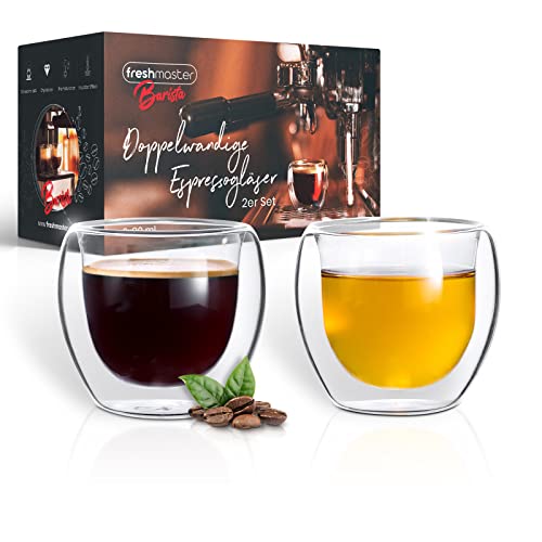 freshmaster Espressotassen Espresso Gläser - Barista Premium Qualität für besten Espresso Genuss mit Schwebeeffekt - 80 ml Thermo Glas Tassen Set doppelwandig I doppelwandige Espresso Tasse (2x80ml)