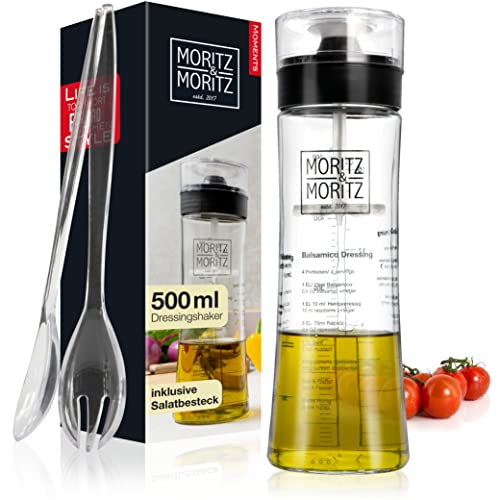 Moritz & Moritz 2-tlg. Set: Dressingshaker 500 ml + Salatbesteck – Salatdressing Shaker Glas mit Skala und 3 Rezepten in Deutsch und Englisch Transparent