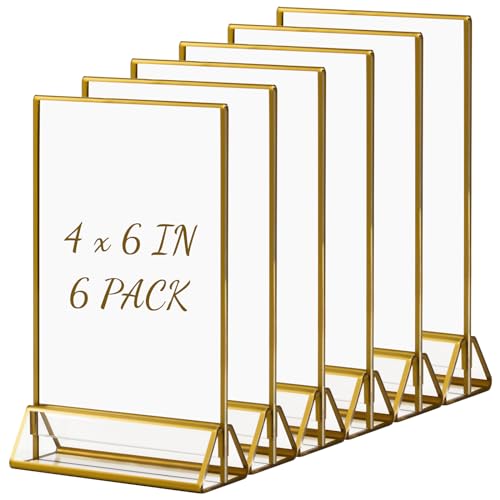 Boxalls Goldener doppelseitiger Bilderrahmen- 6 Pack, 10x15 cm Acryl klar Bild Tischkartenhalter vertikale Stand, Aufsteller im Staffelei-Stil Menü Halter Display für Hochzeit Tischnummer, Foto