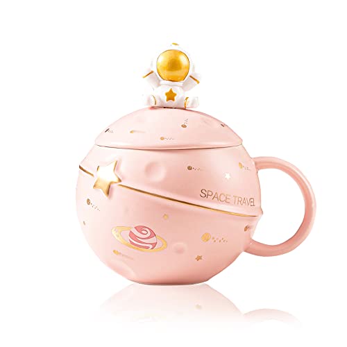 Kawaii Astronaut Tasse Planet Tasse mit Weltraum Prägung Süße Kaffeetasse aus Keramik Neuheit Becher mit Deckel und Löffel für Kaffee, Tee und Milch Lustiges Geschenk Geburtstag (Rosa)