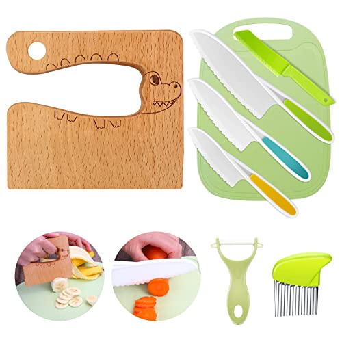 Kindermesser 8-teiliges Kinder-Küchenmesser-Set zum Schneiden und Kochen von Obst oder Gemüse für Kleinkinder, inklusive Holzmesser Schneidebrett Schäler (Krokodil)