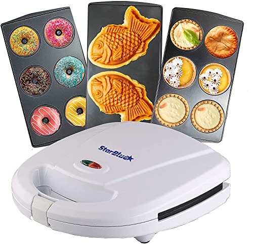 Donuts Bäcker, Mini-Kuchen und Quiche , Taiyaki 3 in 1 Drei Scheiben herausnehmbarer Dessert von StarBlue - Weiß AC 220-240V 50/60Hz 700-800W, UK Stecker mit EU Adapter