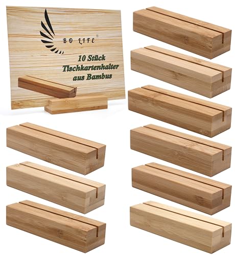 BO LIFE® 10 Stk. Tischkartenhalter aus Bambus: Edler Holz Kartenhalter für Hochzeit, Fotohalter & Menükartenhalter - Hochwertiger Holzaufsteller für Tischkarten & Bilder - Natürliches Holzdesign