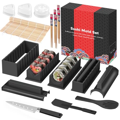 SKYSER Sushi Maker set, 20 Artikel Kit für Anfänger zum selber machen, Kann als Sushi Teller verwendet werden mit Reis Roll Formen, Gabel, Messer, Rolling Matte, Stäbchen, komplett (Schwarz)