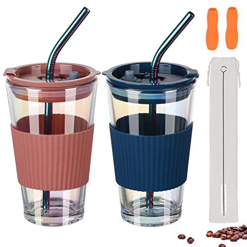 UHAPEER Glasbecher 450ml 2er Set, Smoothie becher to go, Trinkbecher mit Spritzfestem deckel und strohhalm, Travel Mug, Eiskaffee becher to go, BPA Free Whiskeygläser Trinkglas