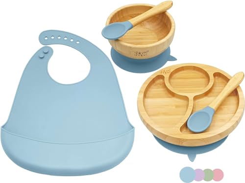 Ship Shape - Kindergeschirr Set Bambus Kinderteller Unterteilt - 2 x Silikon Babylöffel - Silikon-Lätzchen - Schüssel mit Saugnapf - Baby-Geschirrset - BPA-frei - Kostenloses Ebook