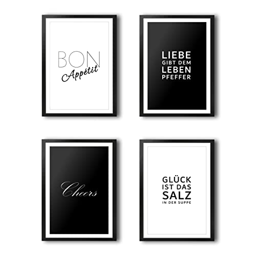 VON STEINEICH® Küche Bild Set [4 Stück] – Geschmackvolle Deko Bilder in schwarz & weiß – perfekte Passform für DIN A4 Bilderrahmen